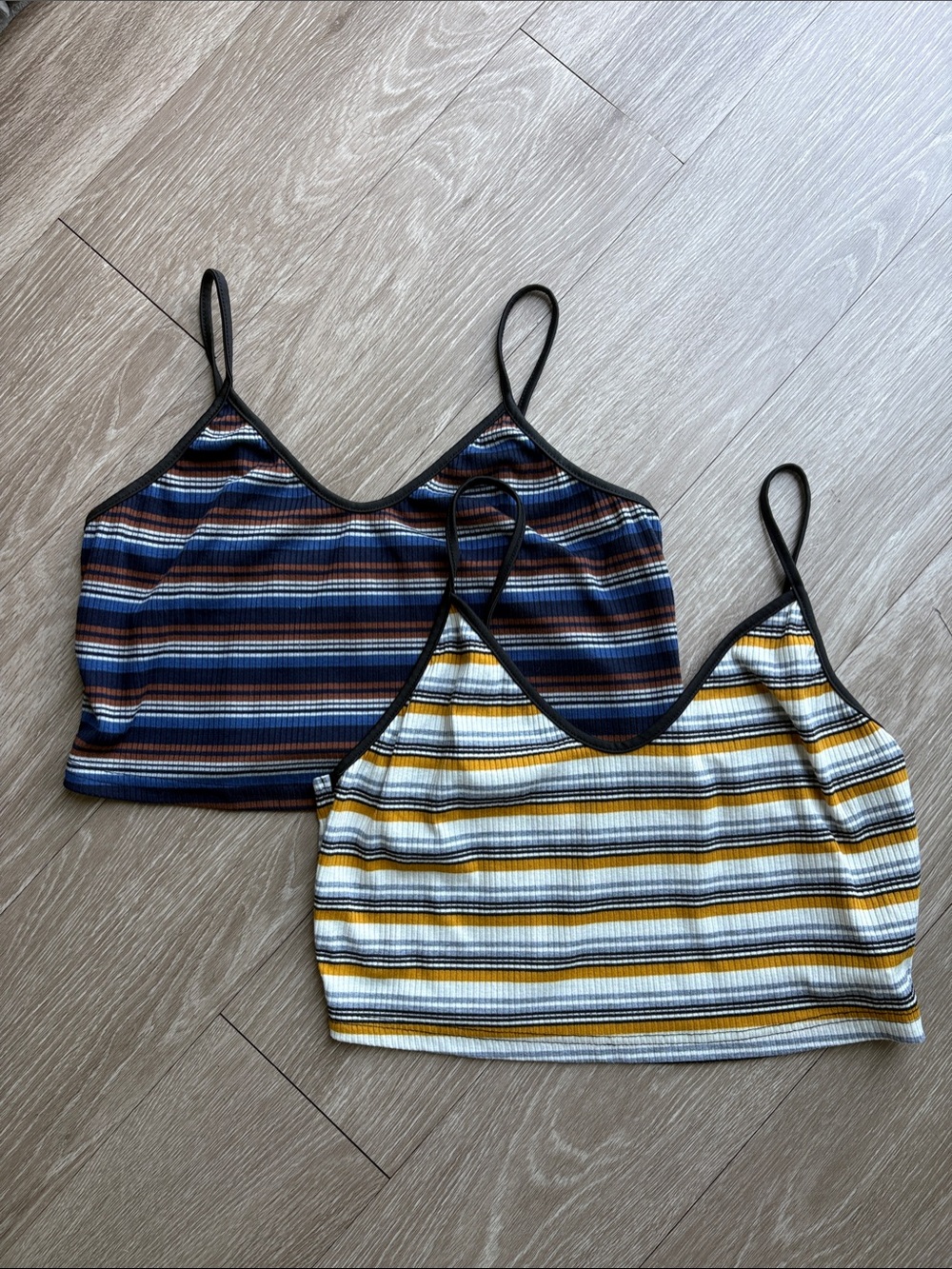 Striped Ribbed Cami Crop Tops - Navy & Mustard